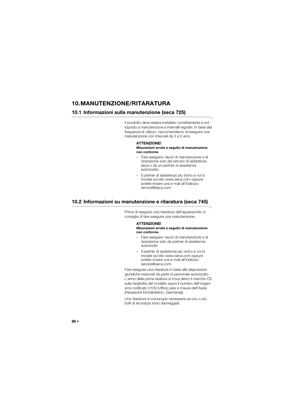 Manutenzione/ritaratura, 1 informazioni sulla manutenzione (seca 725) | Seca 745 band_1 User Manual | Page 86 / 164