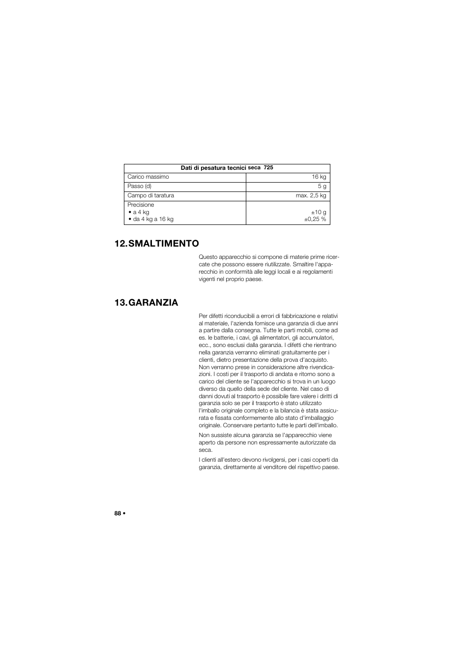 Smaltimento, Garanzia | Seca 745 band_1 User Manual | Page 88 / 164