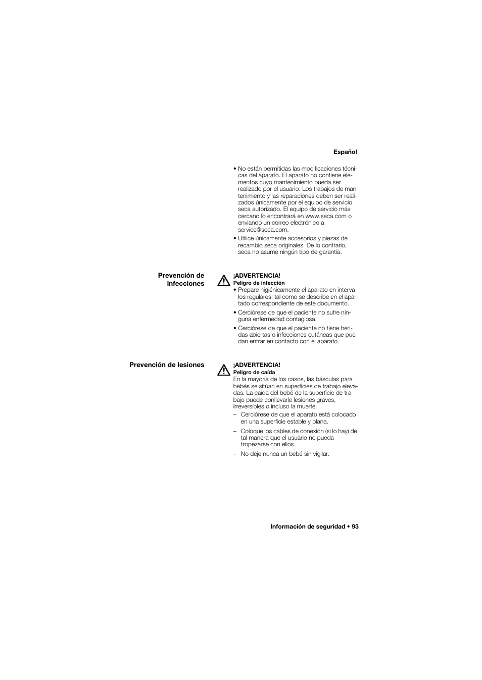 Prevención de infecciones, Prevención de lesiones | Seca 745 band_1 User Manual | Page 93 / 164
