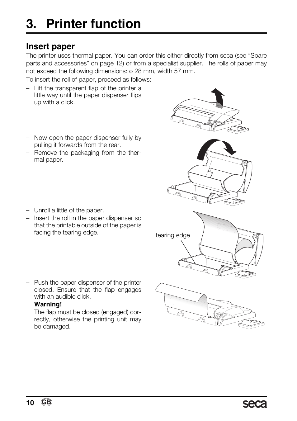 Printer function, Insert paper | Seca 763 printer-module User Manual | Page 10 / 72