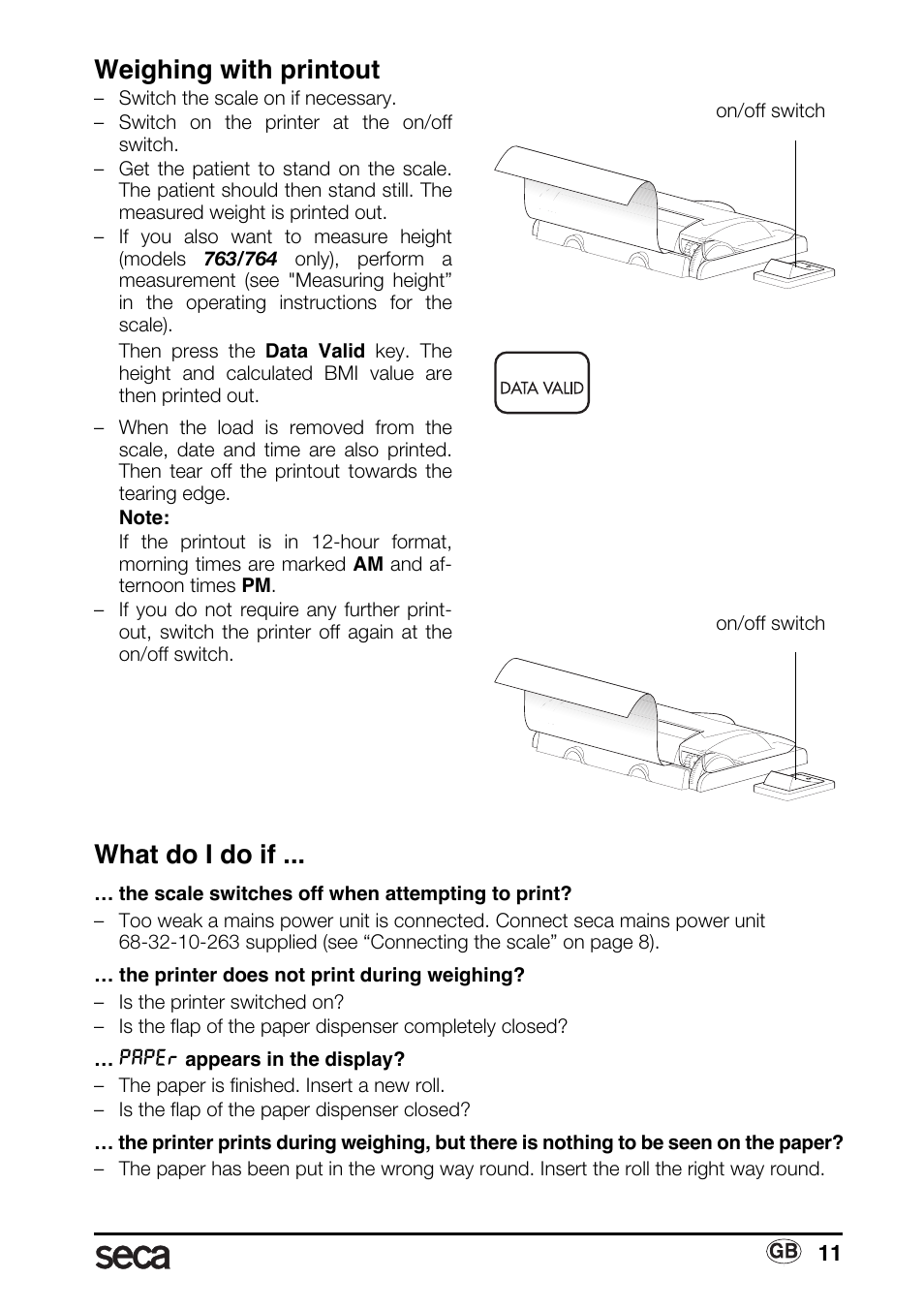 Weighing with printout, What do i do if | Seca 763 printer-module User Manual | Page 11 / 72
