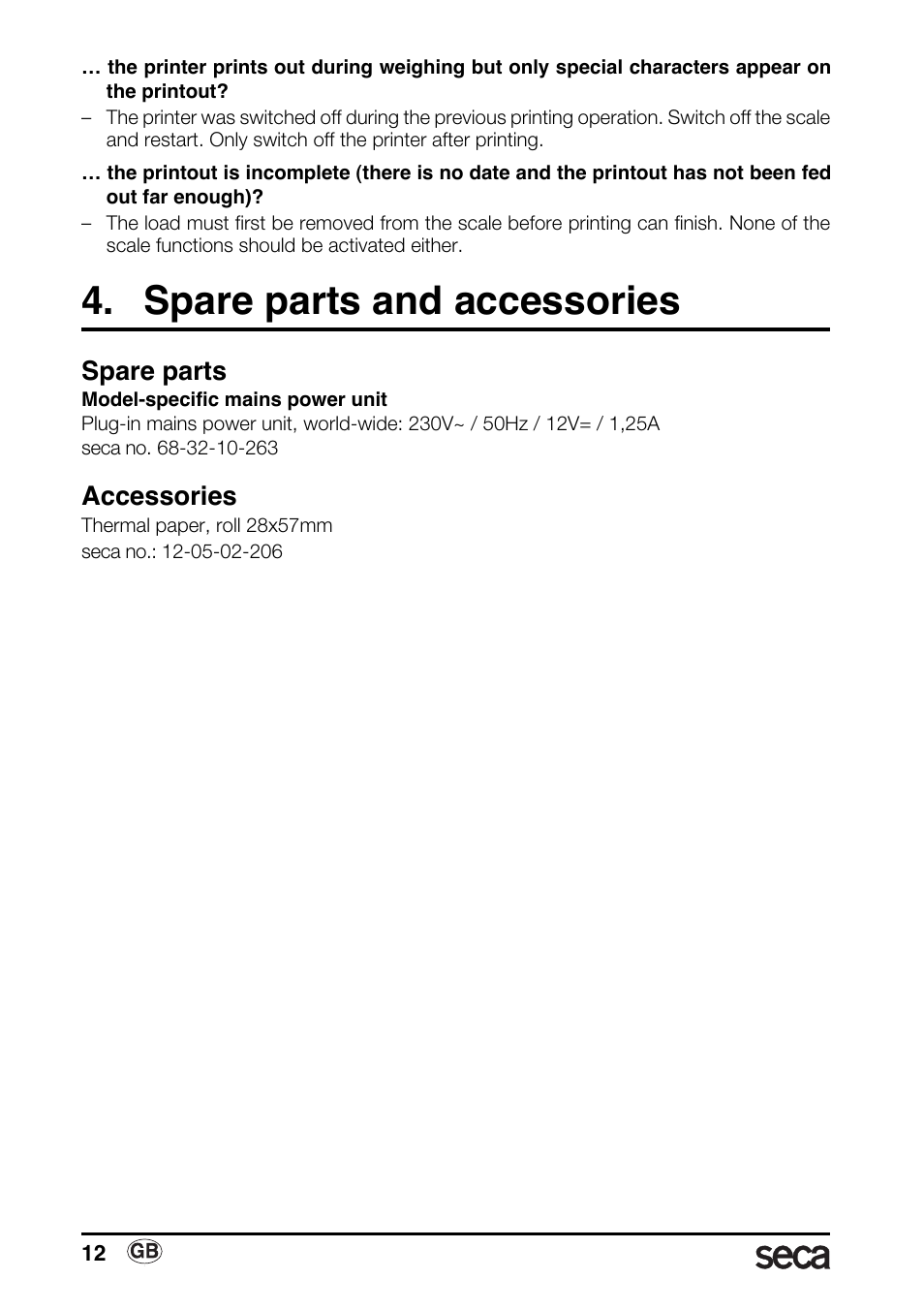 Spare parts and accessories, Spare parts, Accessories | Seca 763 printer-module User Manual | Page 12 / 72