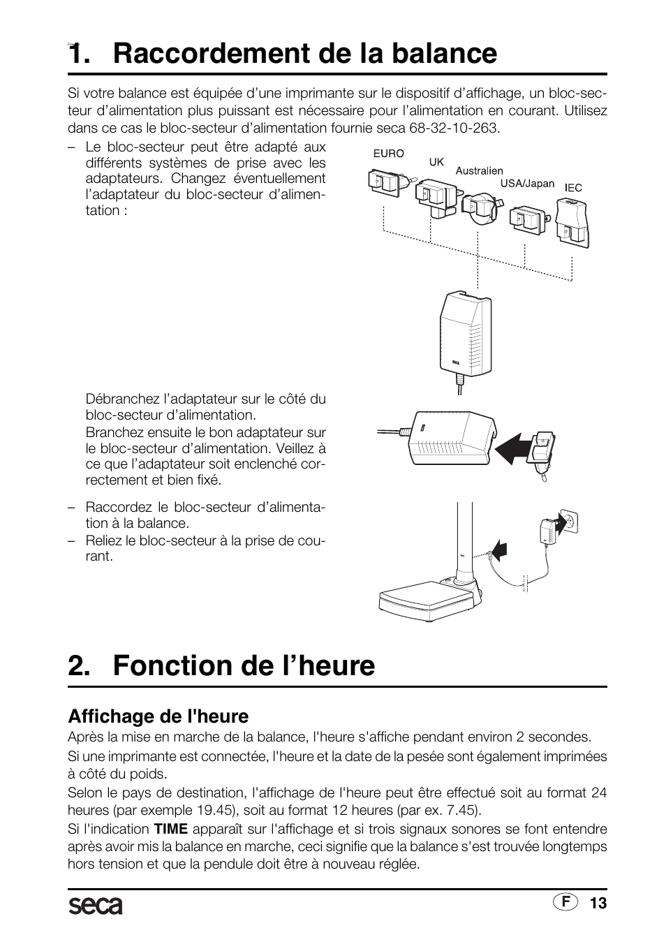 Français, Raccordement de la balance, Fonction de l’heure | Affichage de l'heure | Seca 763 printer-module User Manual | Page 13 / 72