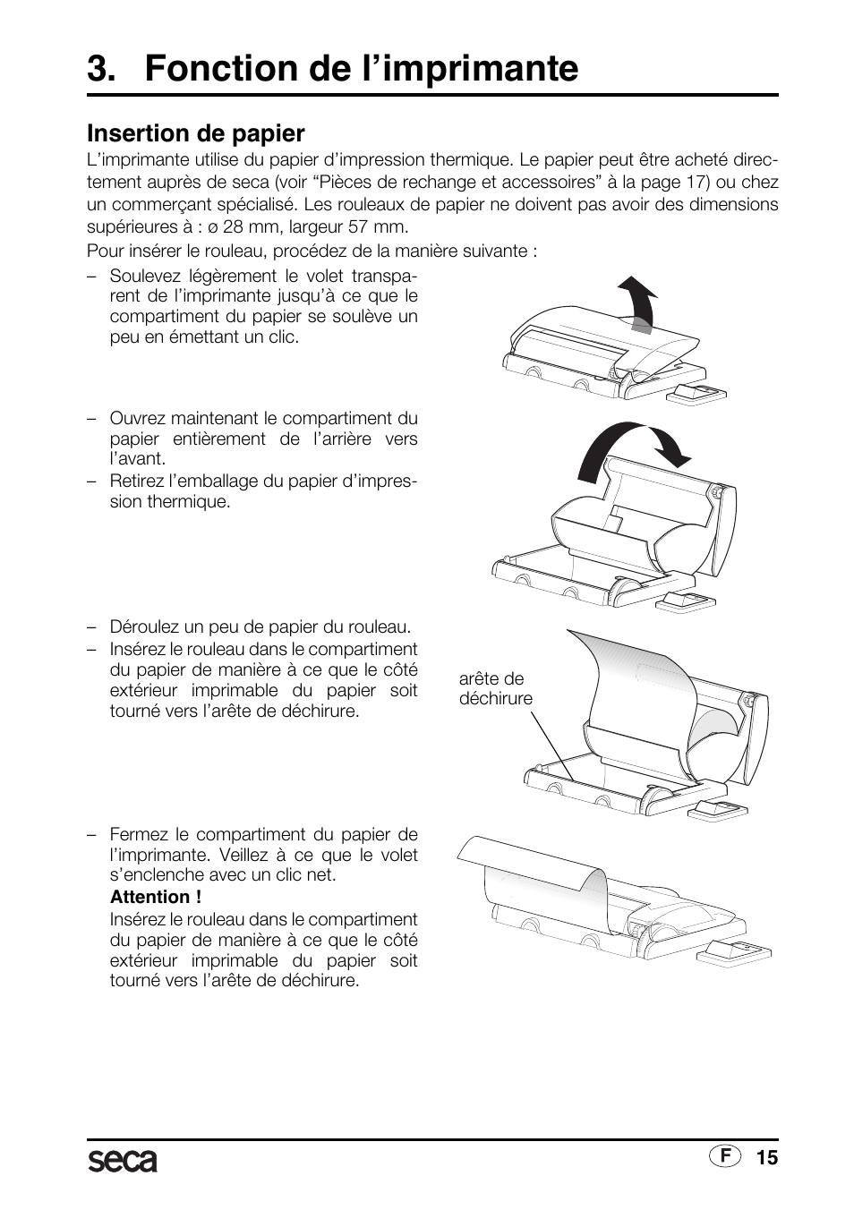 Fonction de l’imprimante, Insertion de papier | Seca 763 printer-module User Manual | Page 15 / 72