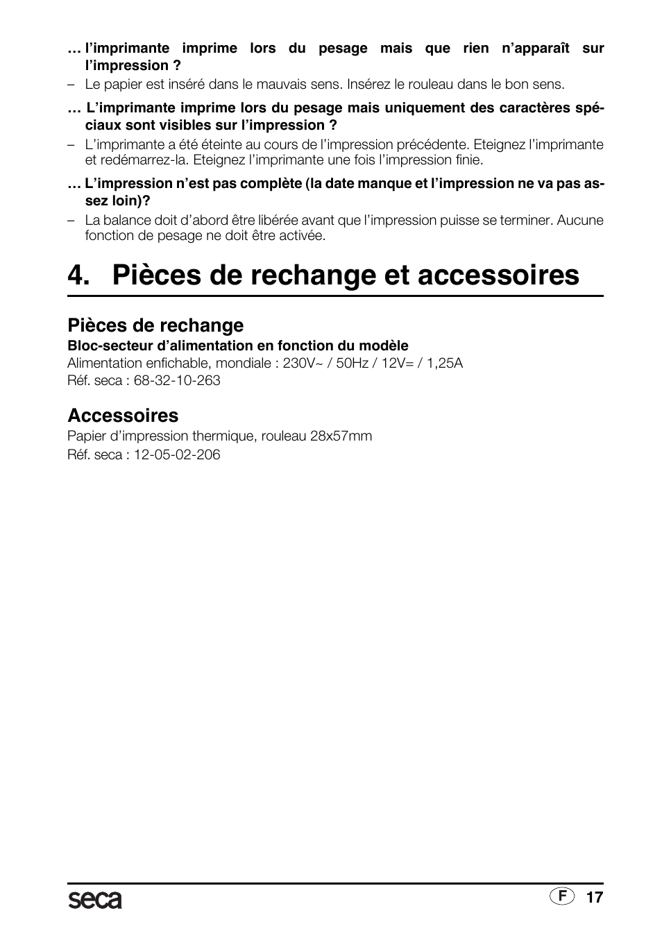 Pièces de rechange et accessoires, Pièces de rechange, Accessoires | Seca 763 printer-module User Manual | Page 17 / 72