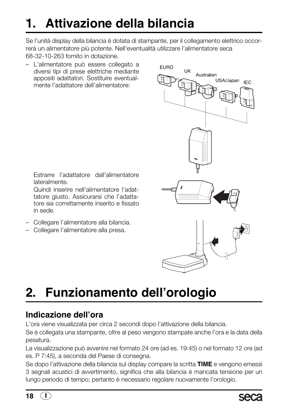 Italiano, Attivazione della bilancia, Funzionamento dell’orologio | Indicazione dell’ora | Seca 763 printer-module User Manual | Page 18 / 72