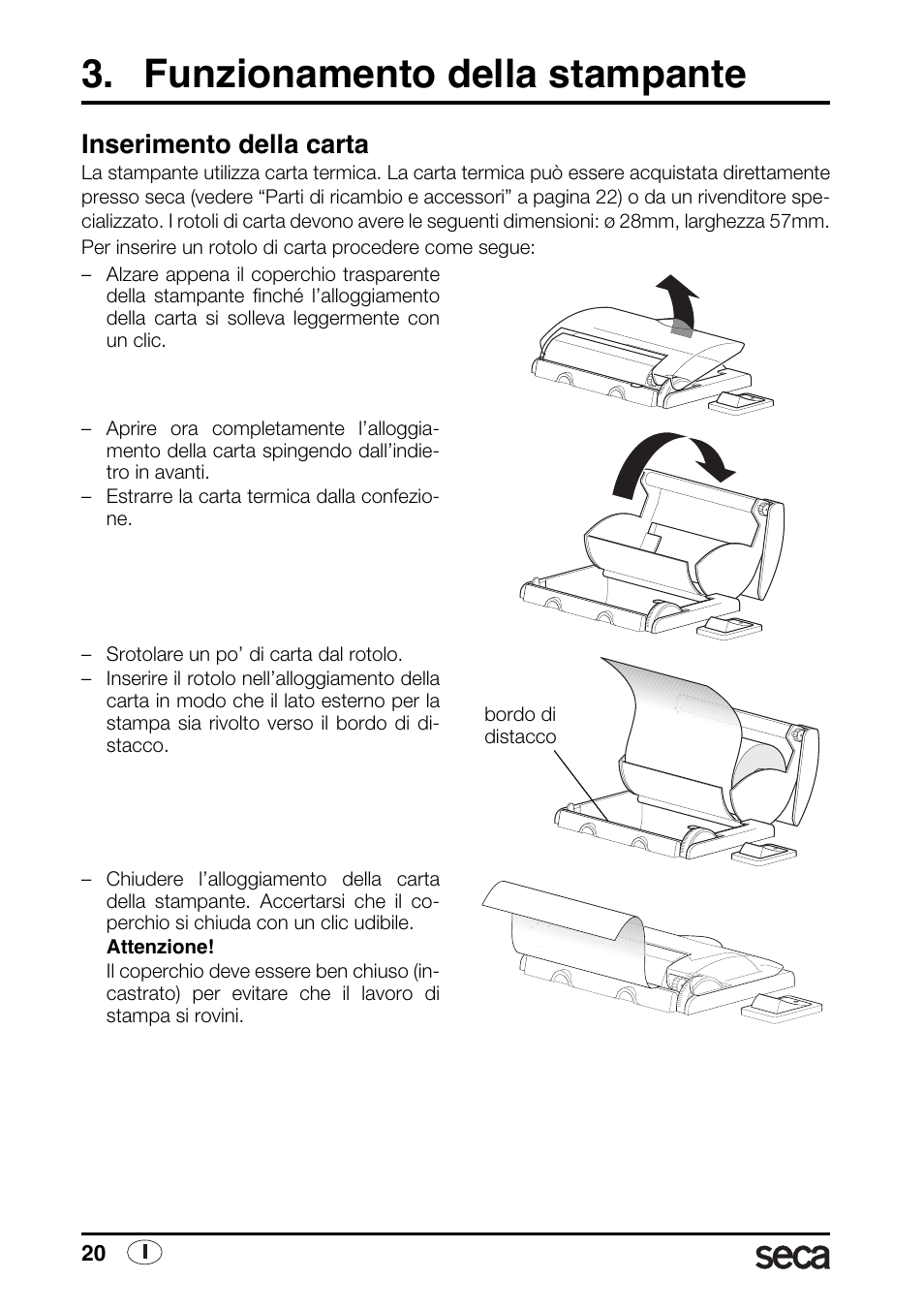 Funzionamento della stampante, Inserimento della carta | Seca 763 printer-module User Manual | Page 20 / 72