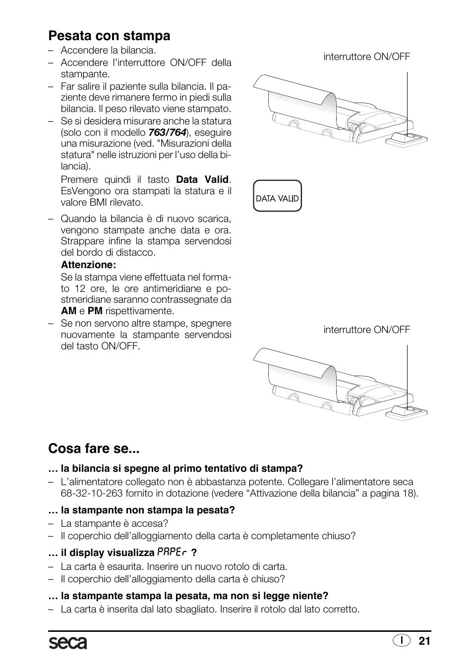 Pesata con stampa, Cosa fare se | Seca 763 printer-module User Manual | Page 21 / 72