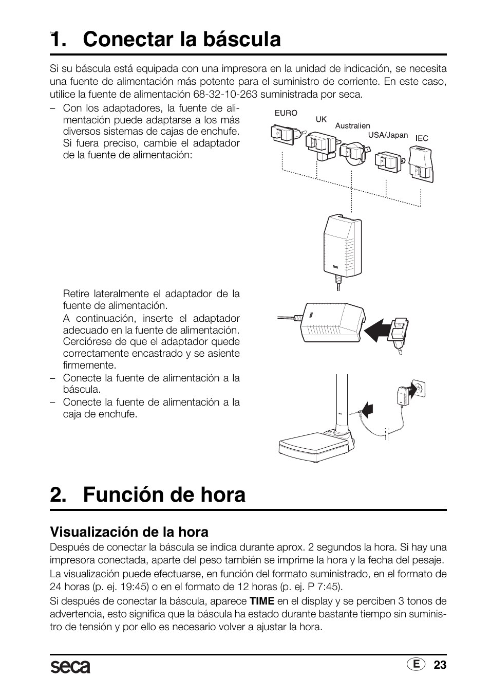 Español, Conectar la báscula, Función de hora | Visualización de la hora | Seca 763 printer-module User Manual | Page 23 / 72