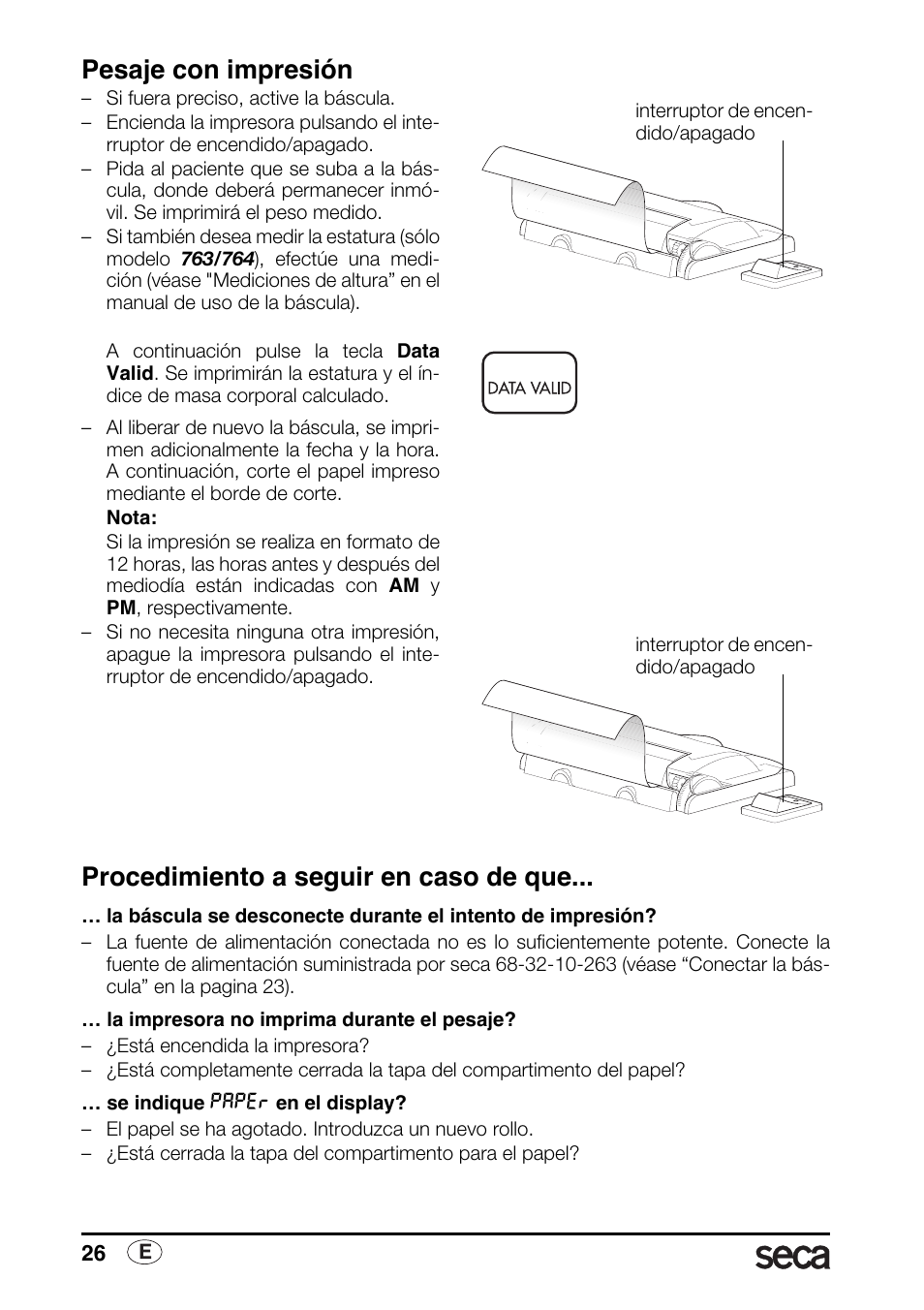 Pesaje con impresión, Procedimiento a seguir en caso de que | Seca 763 printer-module User Manual | Page 26 / 72