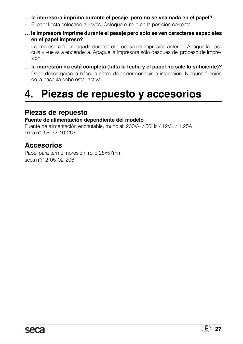 Piezas de repuesto y accesorios, Piezas de repuesto, Accesorios | Seca 763 printer-module User Manual | Page 27 / 72