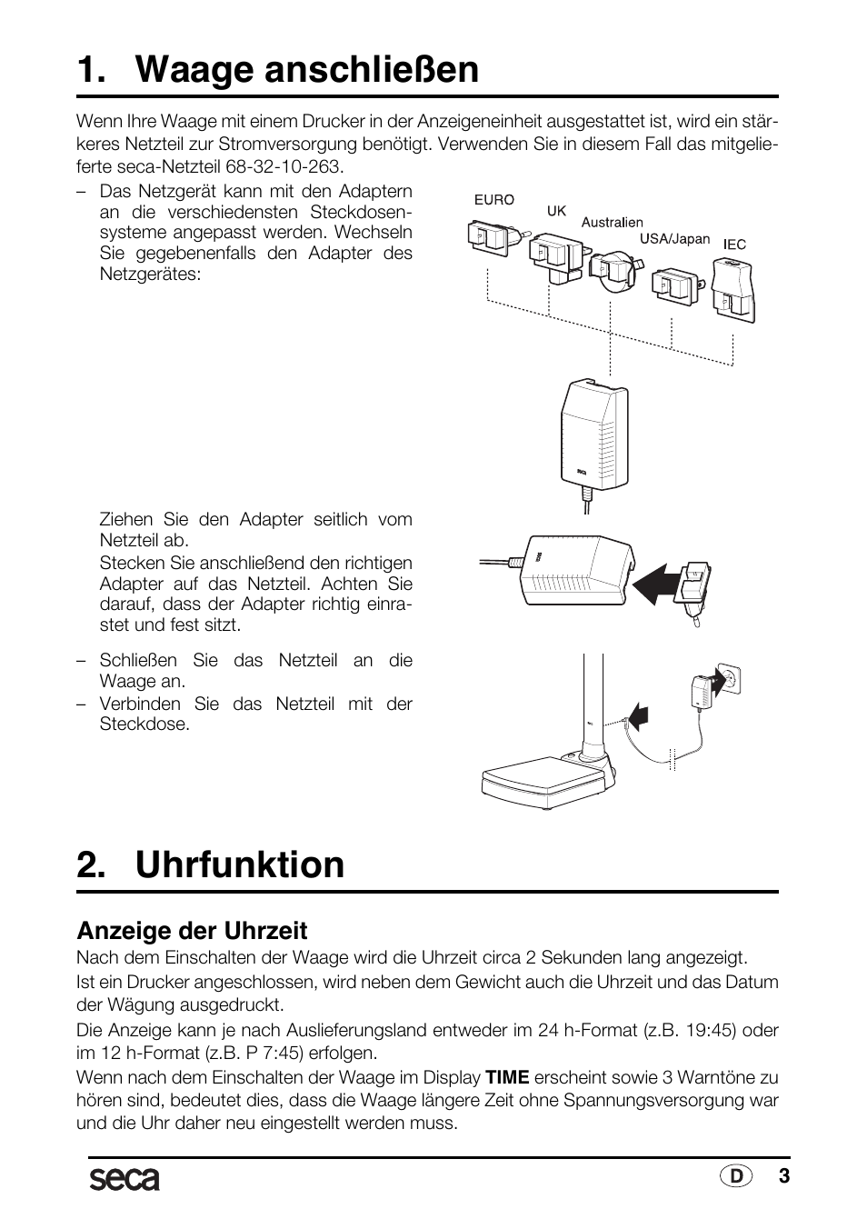 Deutsch, Waage anschließen, Uhrfunktion | Anzeige der uhrzeit | Seca 763 printer-module User Manual | Page 3 / 72