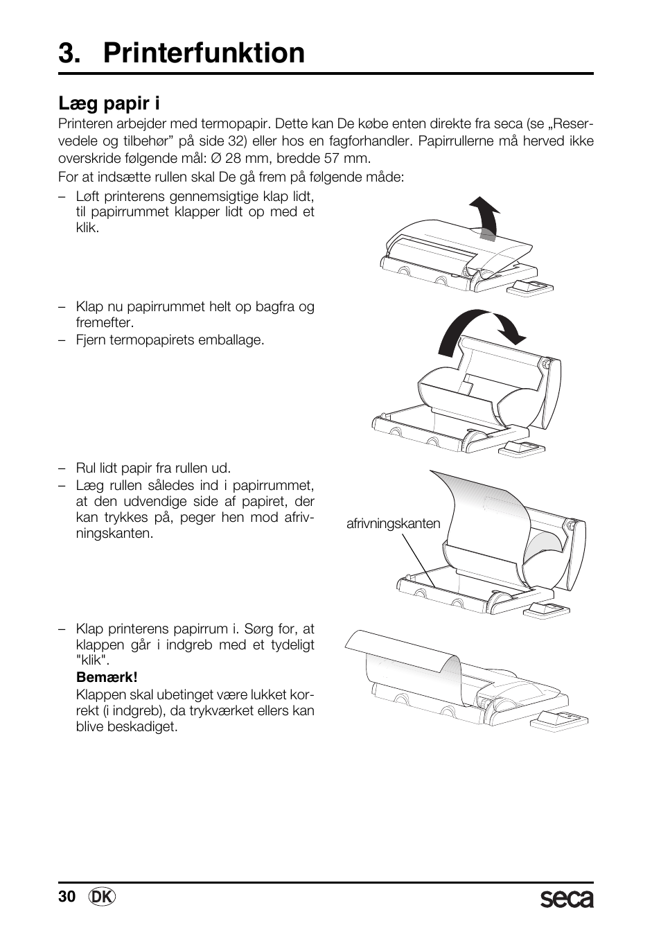 Printerfunktion, Læg papir i | Seca 763 printer-module User Manual | Page 30 / 72