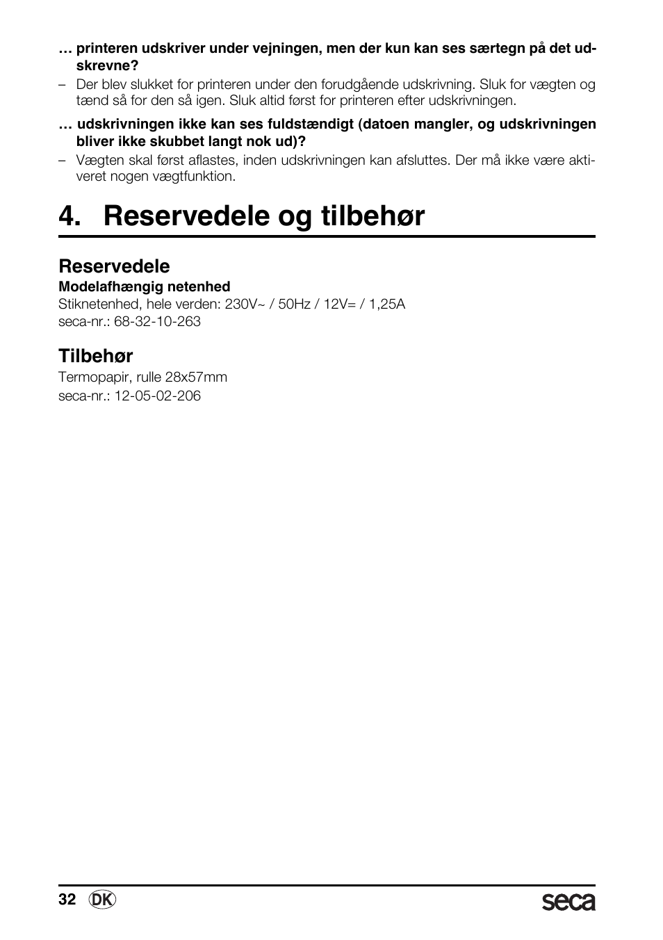 Reservedele og tilbehør, Reservedele, Tilbehør | Seca 763 printer-module User Manual | Page 32 / 72
