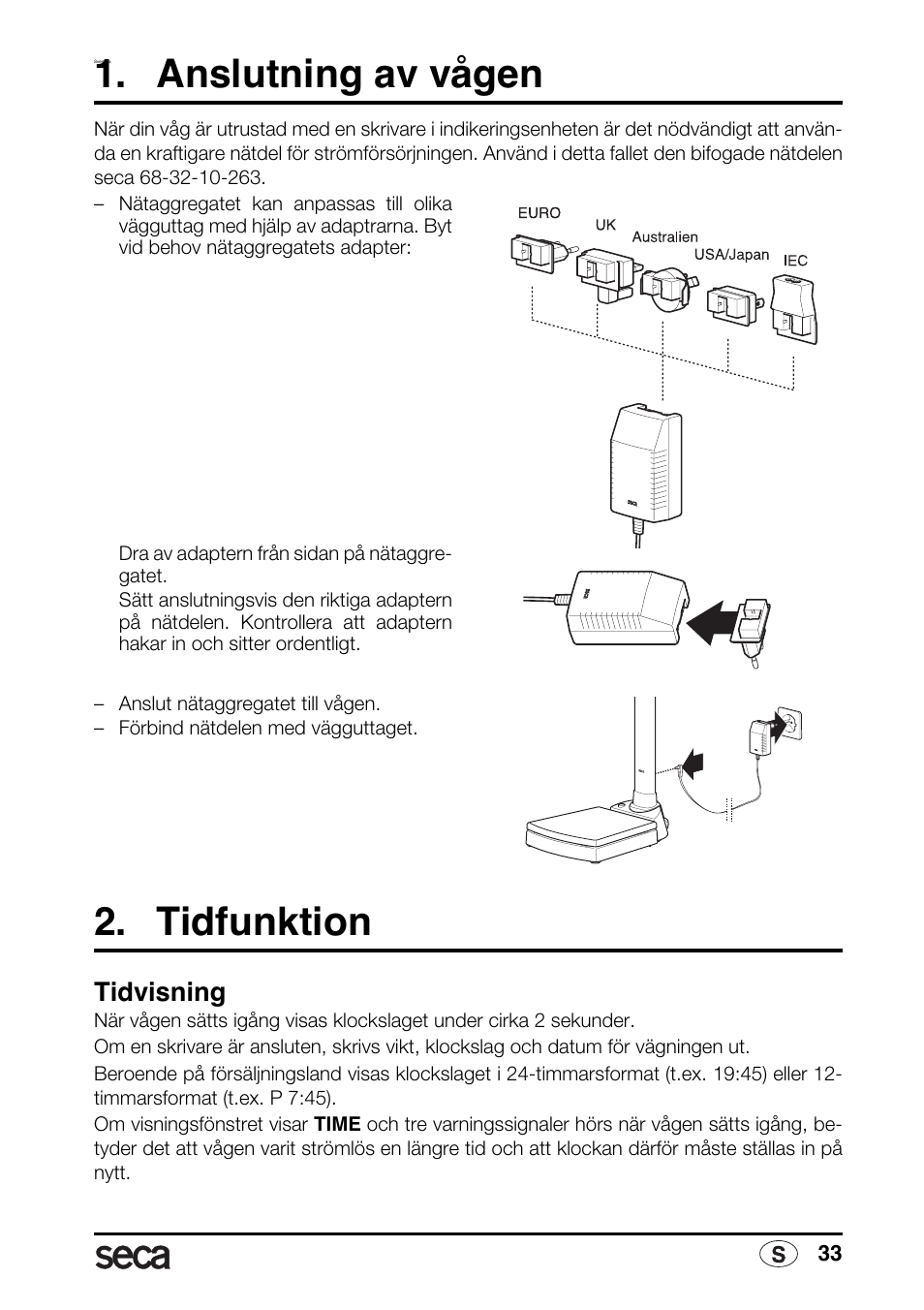 Svenska, Anslutning av vågen, Tidfunktion | Tidvisning, Ning 33 | Seca 763 printer-module User Manual | Page 33 / 72