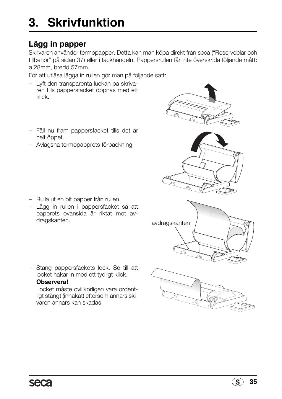 Skrivfunktion, Lägg in papper | Seca 763 printer-module User Manual | Page 35 / 72