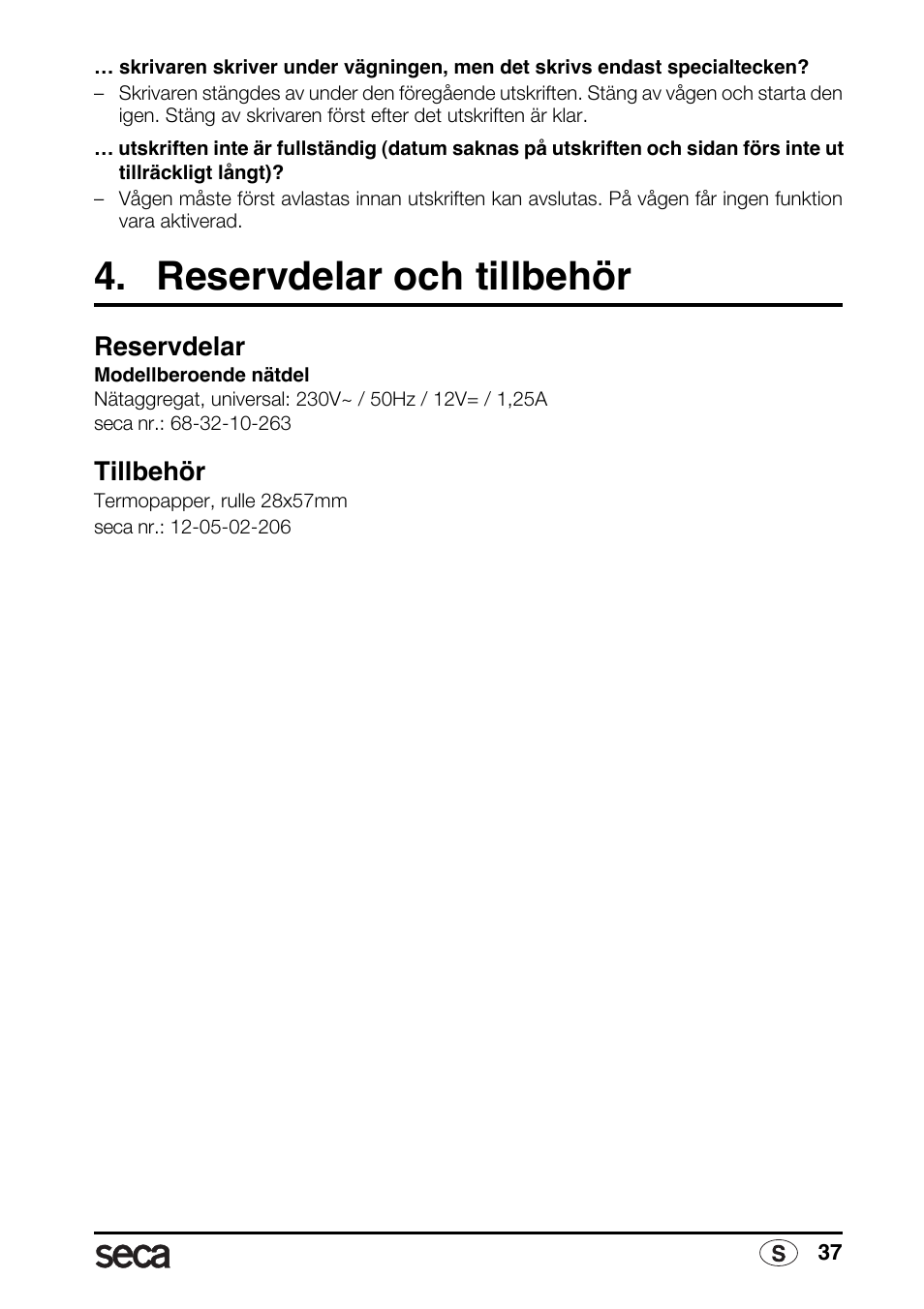 Reservdelar och tillbehör, Reservdelar, Tillbehör | Seca 763 printer-module User Manual | Page 37 / 72