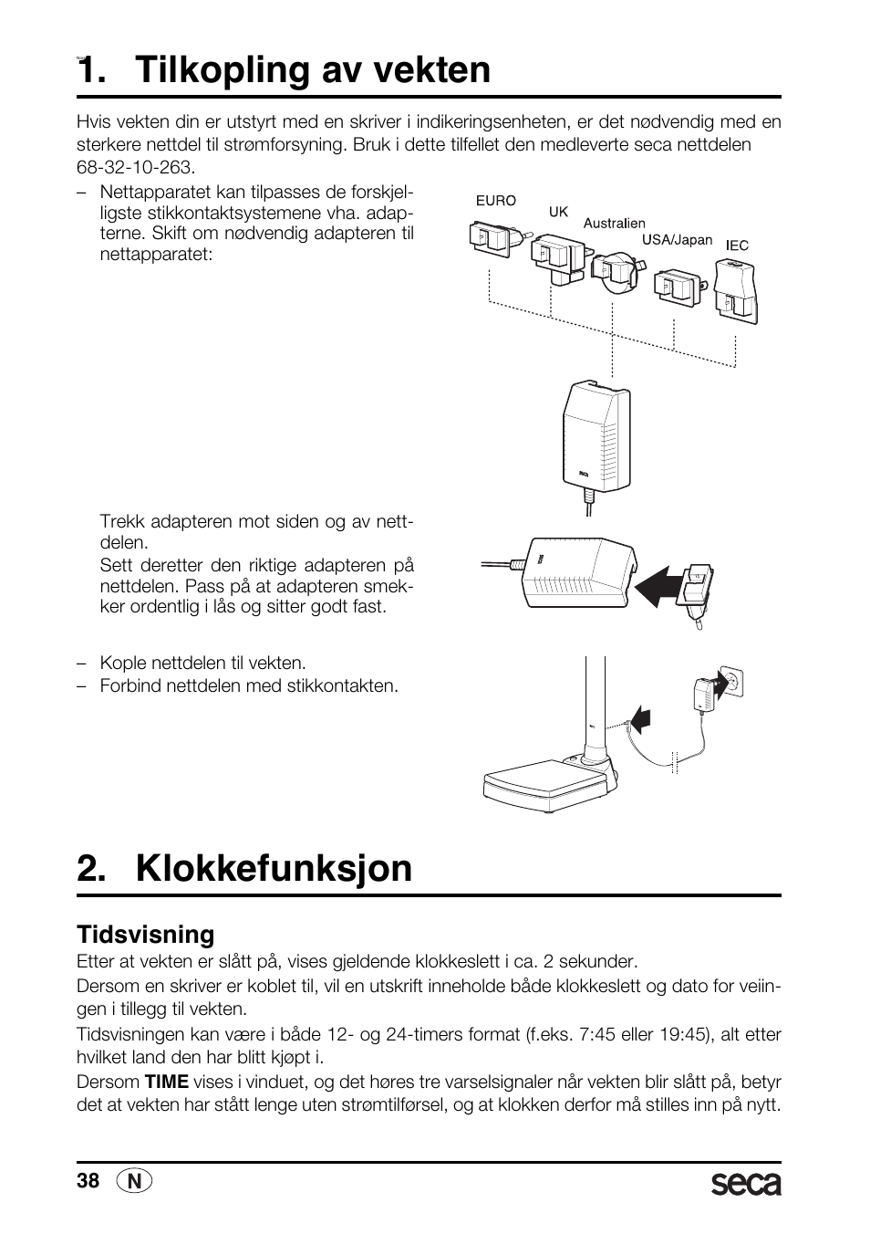 Norsk, Tilkopling av vekten, Klokkefunksjon | Tidsvisning, Ning 38 | Seca 763 printer-module User Manual | Page 38 / 72