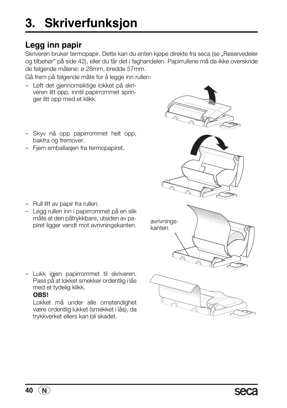 Skriverfunksjon, Legg inn papir | Seca 763 printer-module User Manual | Page 40 / 72