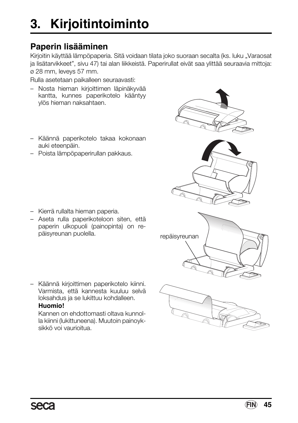 Kirjoitintoiminto, Paperin lisääminen | Seca 763 printer-module User Manual | Page 45 / 72