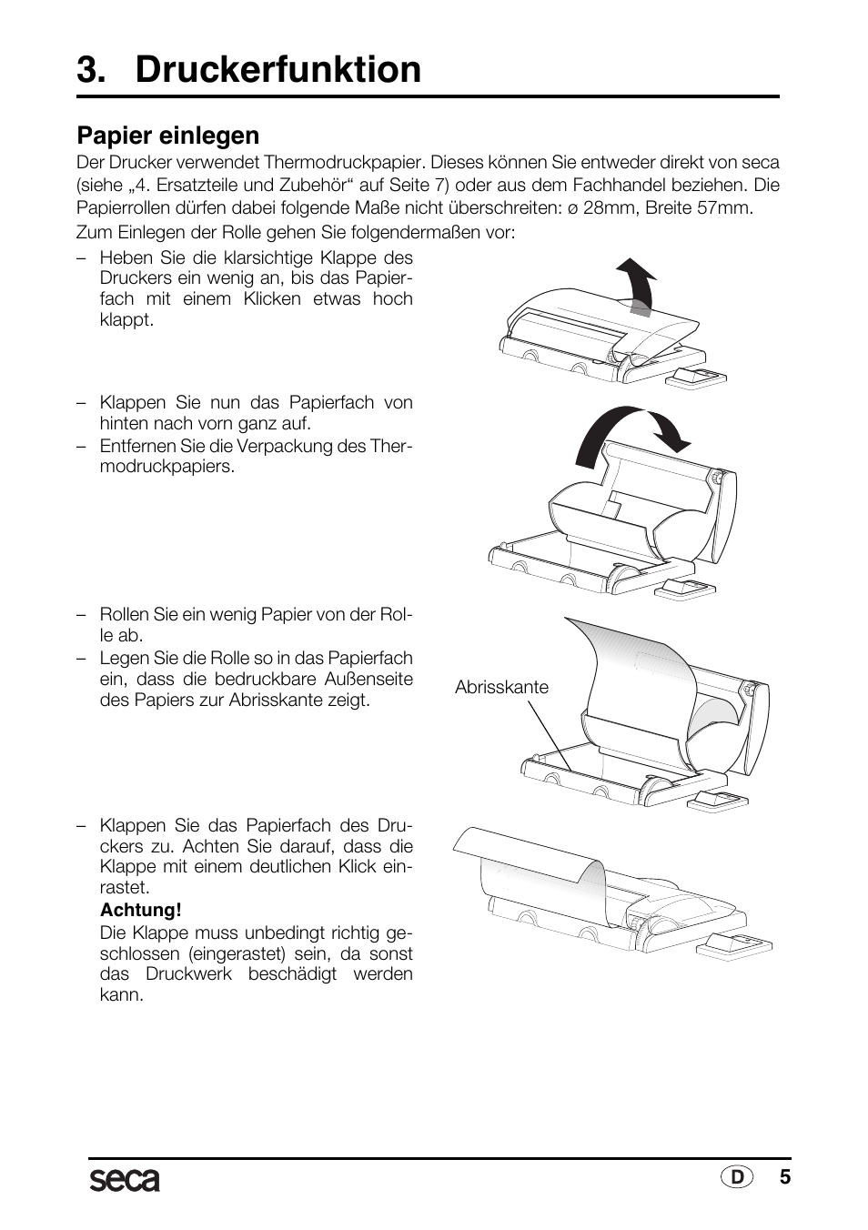 Druckerfunktion, Papier einlegen | Seca 763 printer-module User Manual | Page 5 / 72