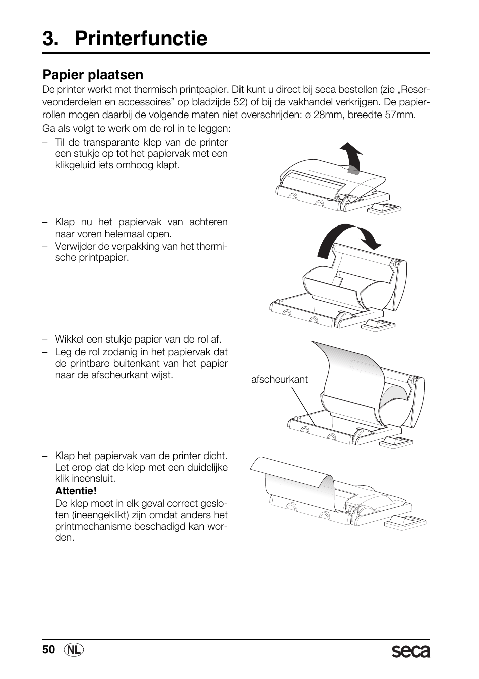 Printerfunctie, Papier plaatsen | Seca 763 printer-module User Manual | Page 50 / 72
