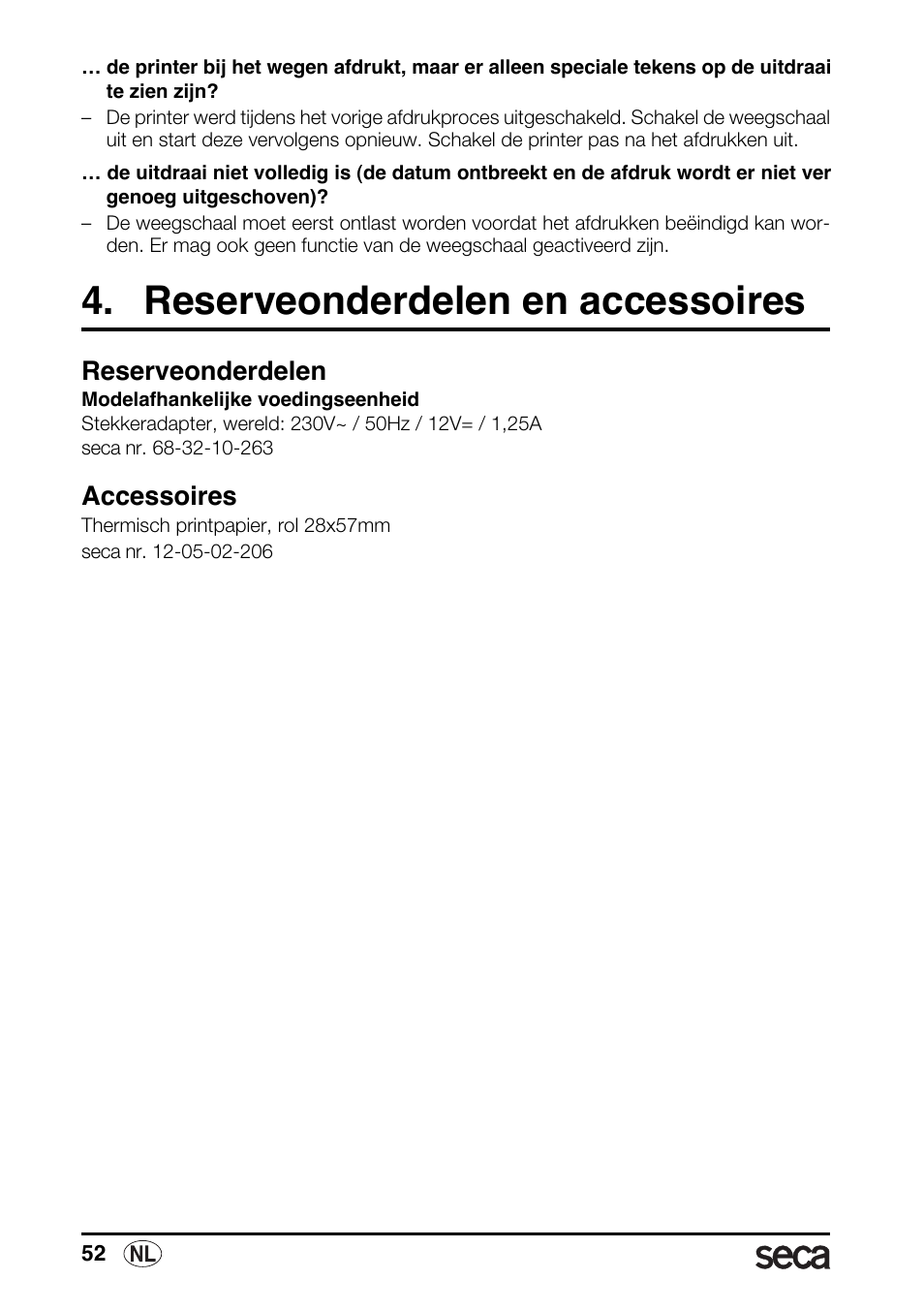 Reserveonderdelen en accessoires, Reserveonderdelen, Accessoires | Seca 763 printer-module User Manual | Page 52 / 72