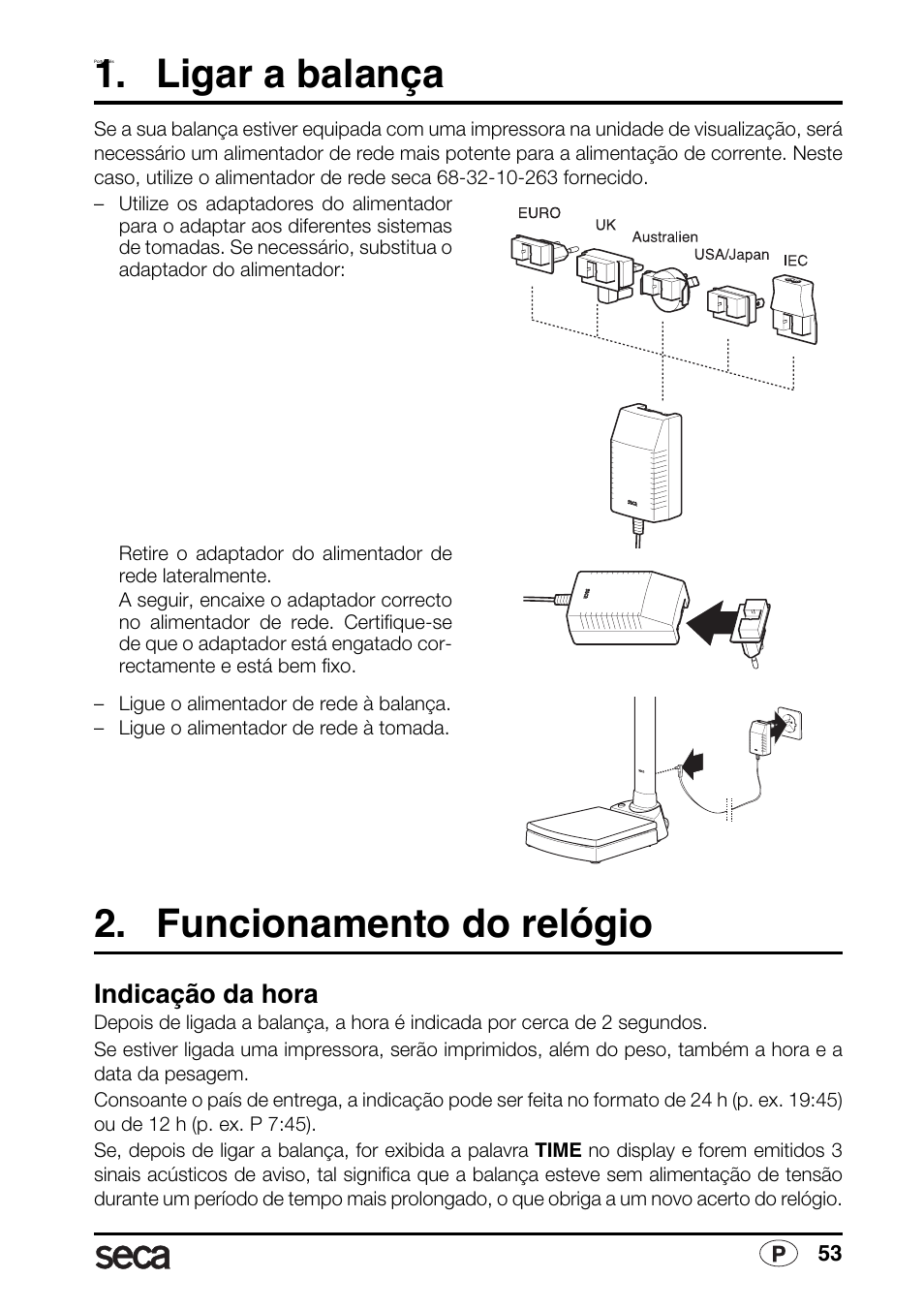 Português, Ligar a balança, Funcionamento do relógio | Indicação da hora | Seca 763 printer-module User Manual | Page 53 / 72