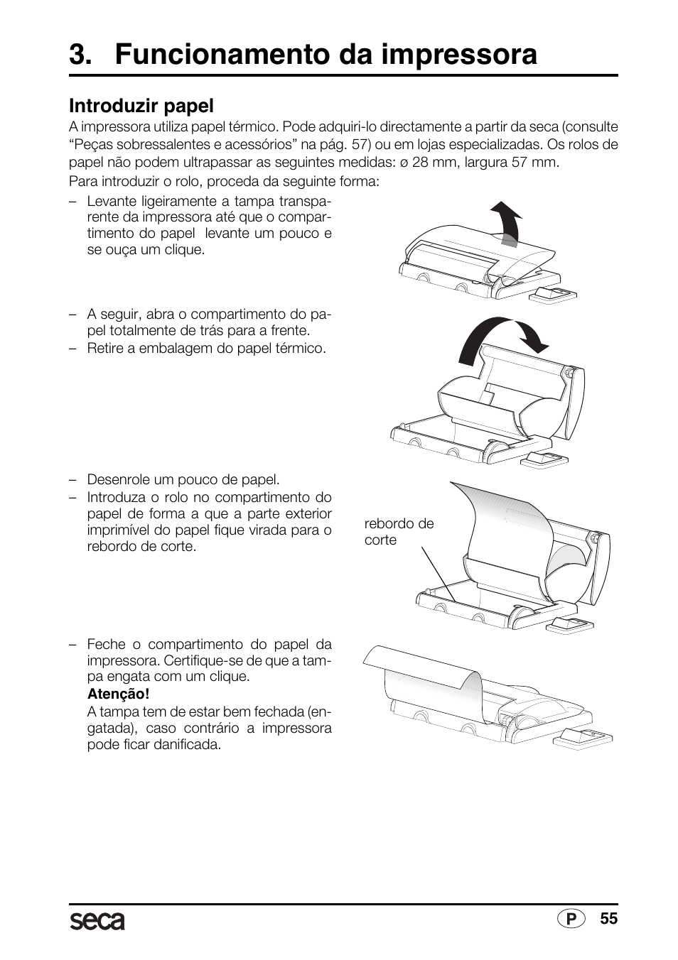Funcionamento da impressora, Introduzir papel | Seca 763 printer-module User Manual | Page 55 / 72