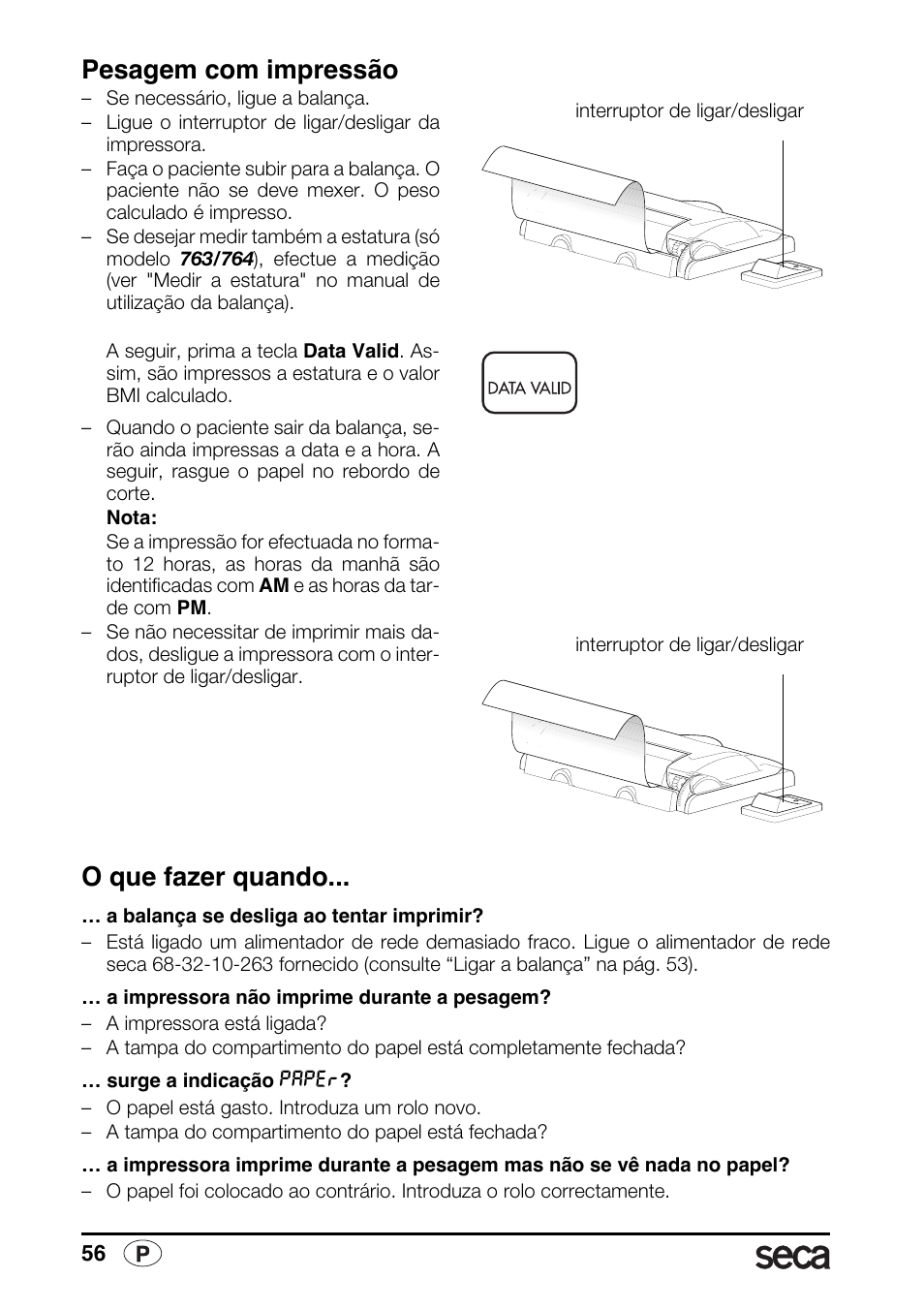 Pesagem com impressão, O que fazer quando | Seca 763 printer-module User Manual | Page 56 / 72