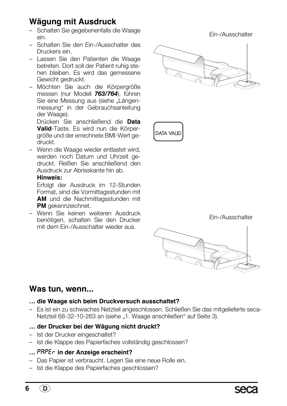 Wägung mit ausdruck, Was tun, wenn | Seca 763 printer-module User Manual | Page 6 / 72