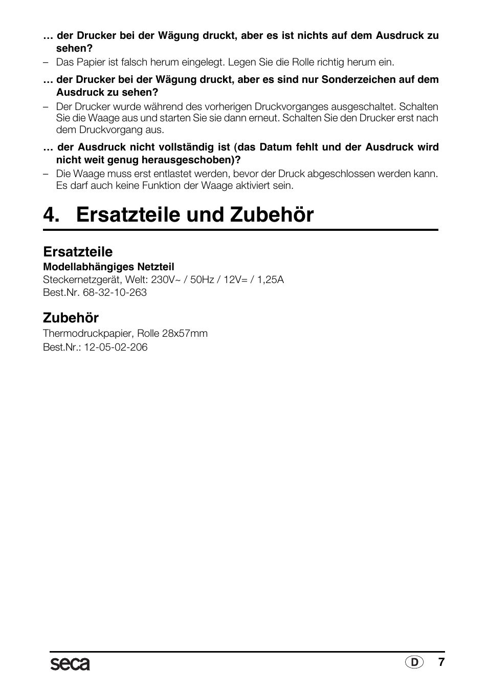 Ersatzteile und zubehör, Ersatzteile, Zubehör | Seca 763 printer-module User Manual | Page 7 / 72