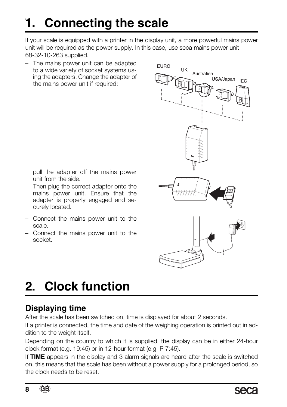 English, Connecting the scale, Clock function | Displaying time | Seca 763 printer-module User Manual | Page 8 / 72