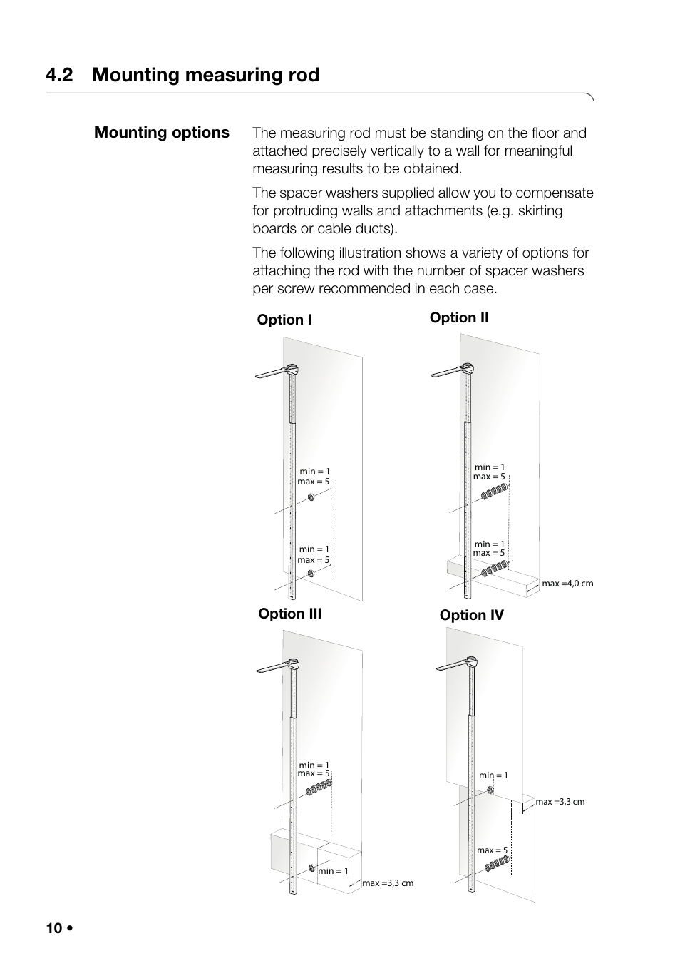2 mounting measuring rod, Mounting options, Option ii option i option iv option iii | Seca 201_inch User Manual | Page 10 / 24