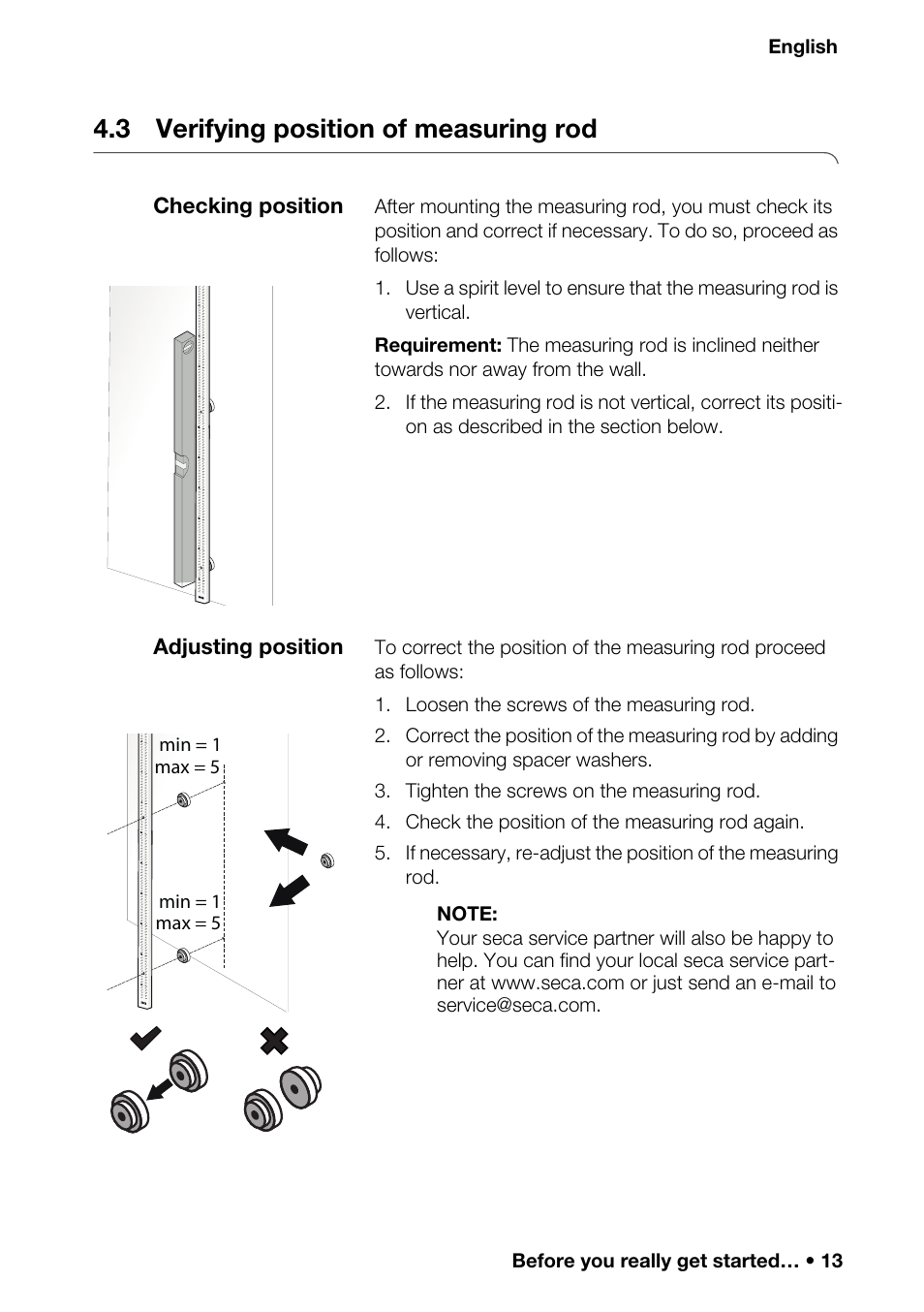 3 verifying position of measuring rod, Checking position, Adjusting position | 3 verifying position of, Measuring rod checking position adjusting position | Seca 201_inch User Manual | Page 13 / 24