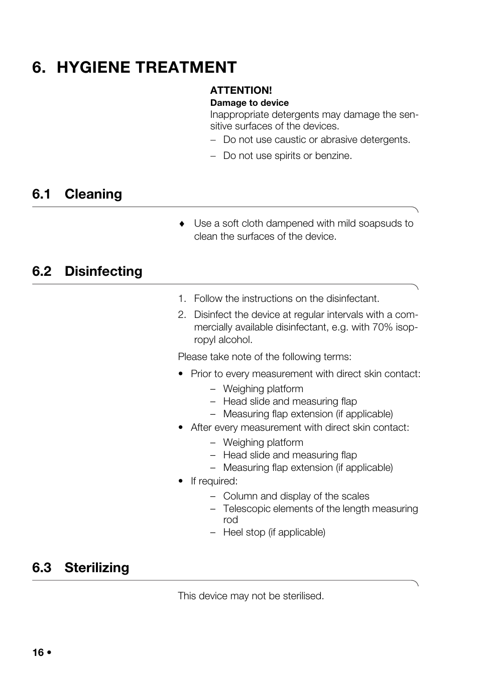 Hygiene treatment, 1 cleaning, 2 disinfecting | 3 sterilizing, 1 cleaning 6.2 disinfecting 6.3 sterilizing | Seca 201_inch User Manual | Page 16 / 24