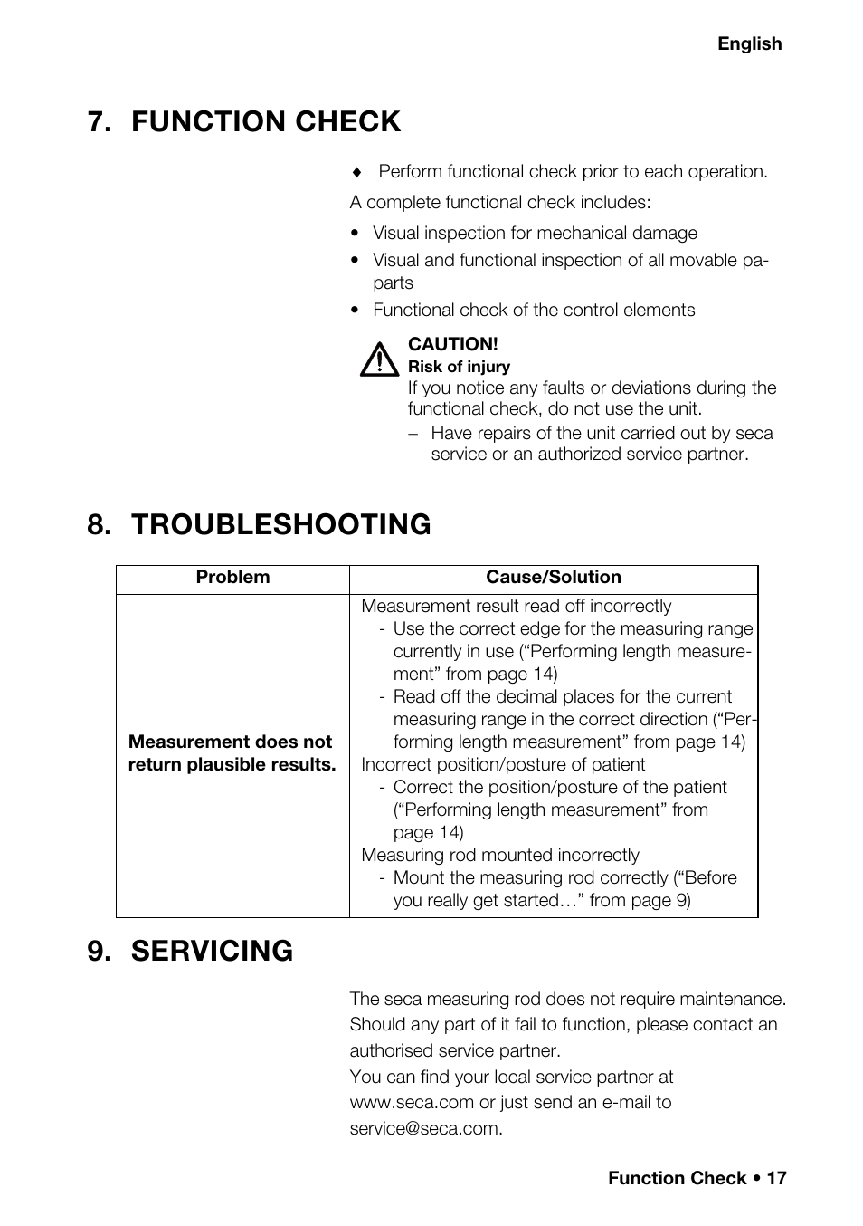 Function check, Troubleshooting, Servicing | Troubleshooting 9. servicing | Seca 201_inch User Manual | Page 17 / 24