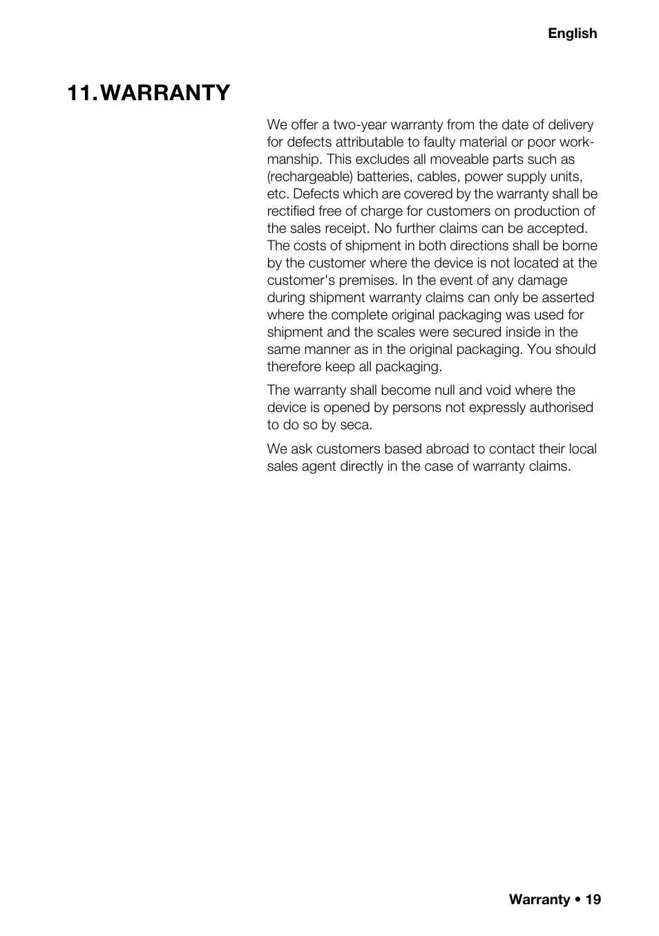 Warranty | Seca 201_inch User Manual | Page 19 / 24
