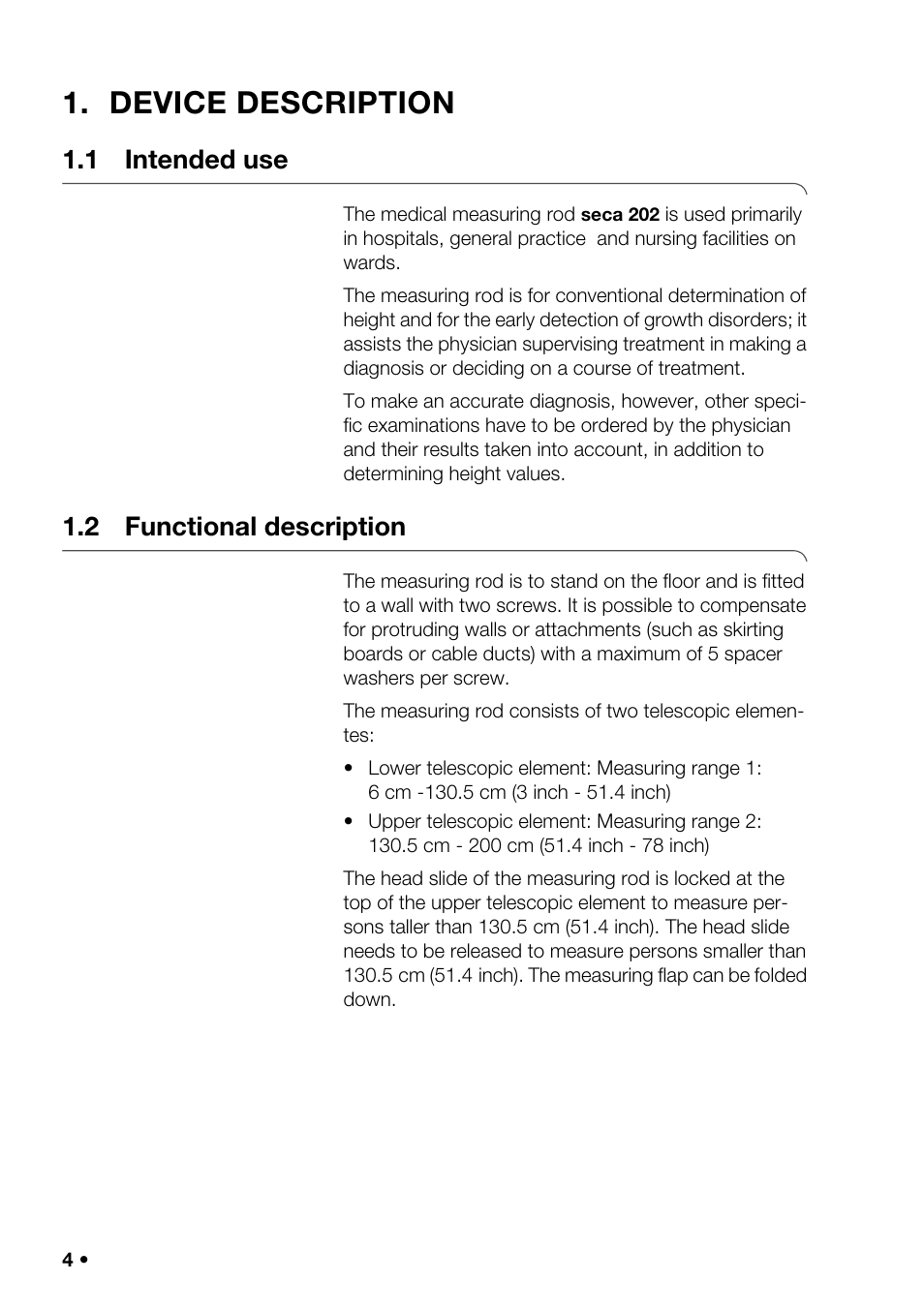 Device description, 1 intended use, 2 functional description | 1 intended use 1.2 functional description | Seca 201_inch User Manual | Page 4 / 24