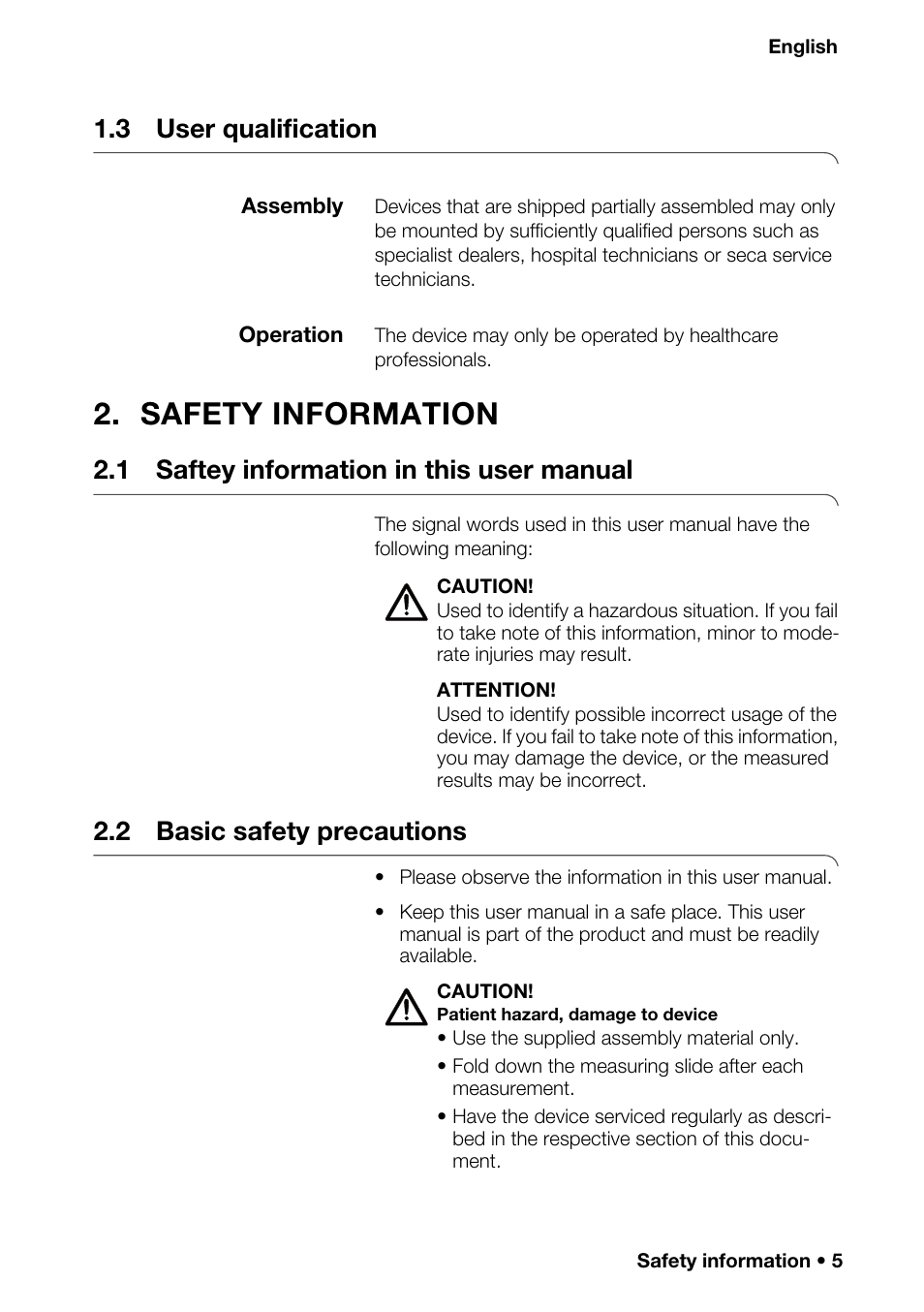 3 user qualification, Assembly, Operation | Safety information, 1 saftey information in this user manual, 2 basic safety precautions, Assembly operation, 1 saftey information in this user, Manual | Seca 201_inch User Manual | Page 5 / 24