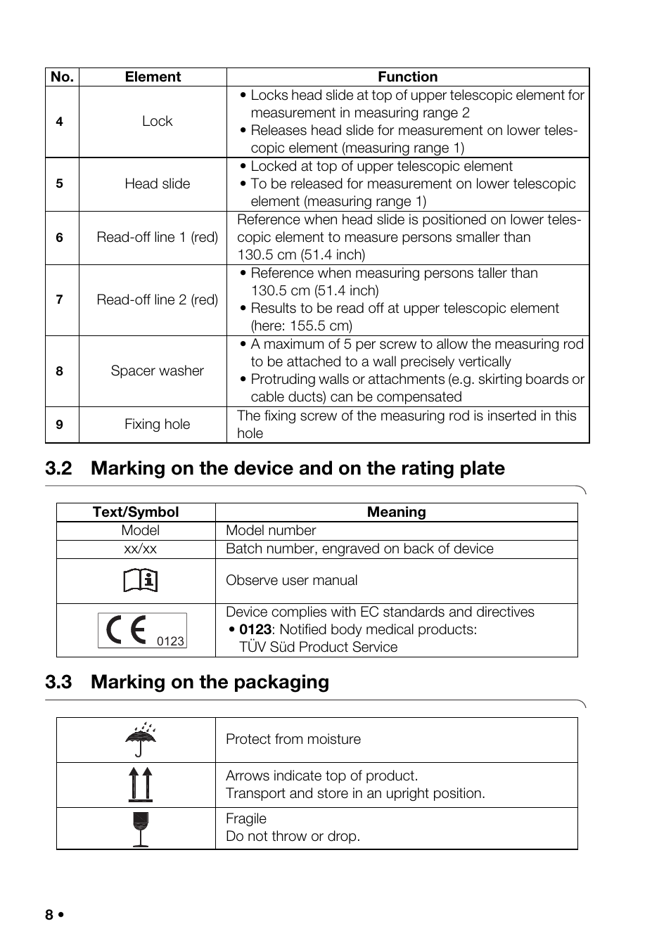 2 marking on the device and on the rating plate, 3 marking on the packaging, 2 marking on the device and | On the rating plate | Seca 201_inch User Manual | Page 8 / 24