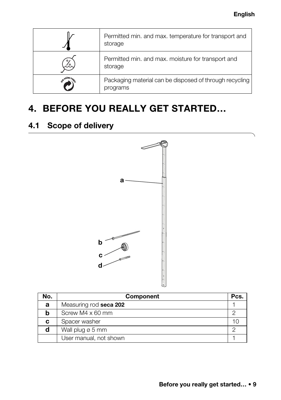 Before you really get started, 1 scope of delivery | Seca 201_inch User Manual | Page 9 / 24