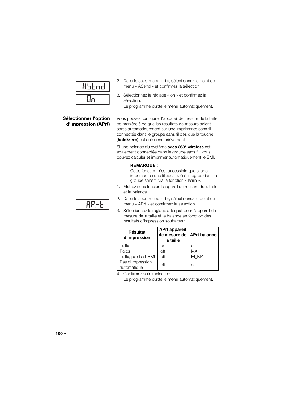 Sélectionner l'option d'impression (aprt) | Seca 274 band_1 User Manual | Page 100 / 255