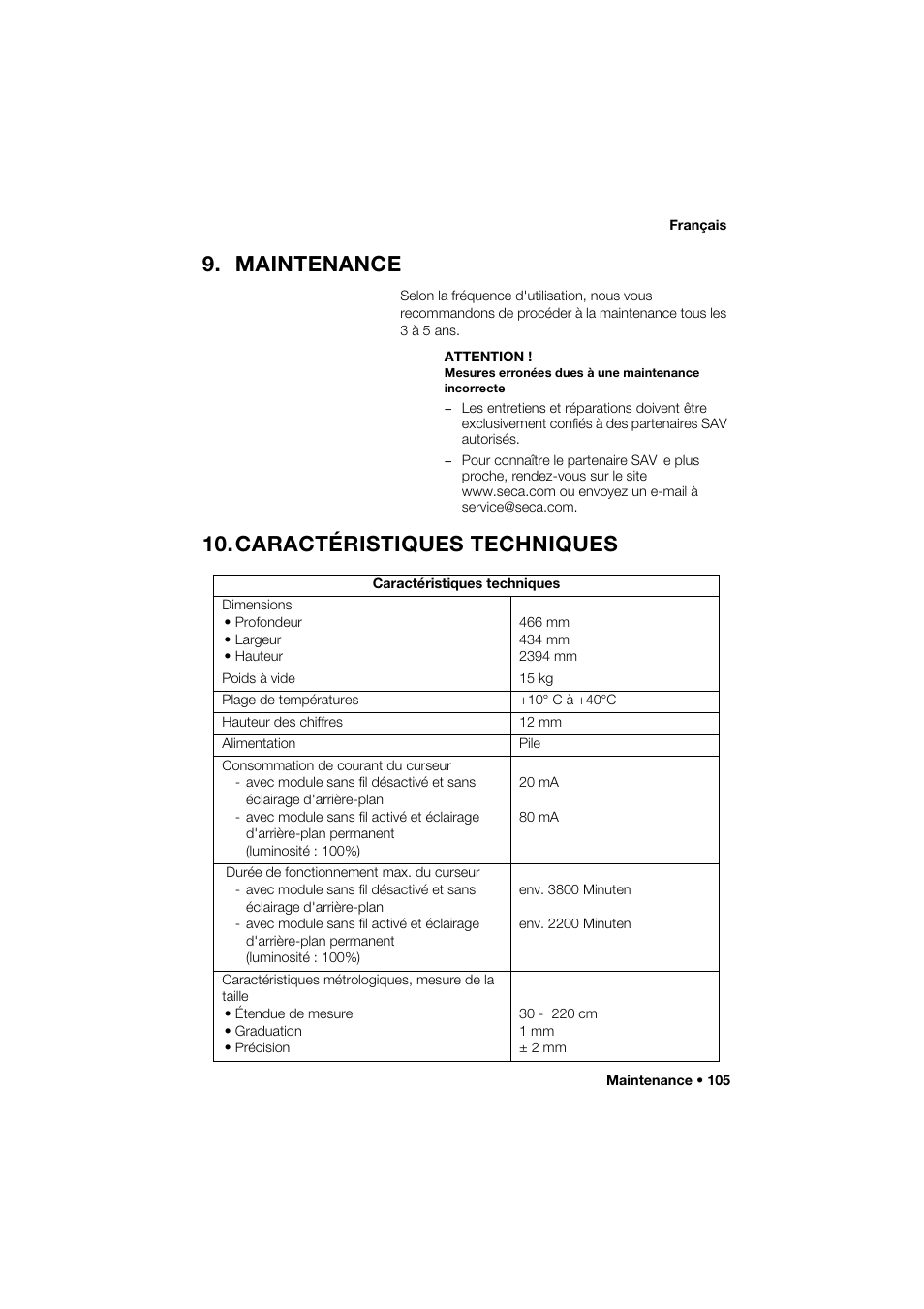 Maintenance, Caractéristiques techniques | Seca 274 band_1 User Manual | Page 105 / 255