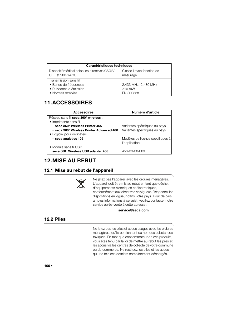 Accessoires, Mise au rebut, 1 mise au rebut de l'appareil | 2 piles, Accessoires 12. mise au rebut | Seca 274 band_1 User Manual | Page 106 / 255