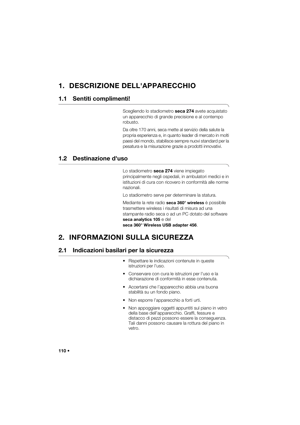 Descrizione dell'apparecchio, 1 sentiti complimenti, 2 destinazione d'uso | Informazioni sulla sicurezza, 1 indicazioni basilari per la sicurezza | Seca 274 band_1 User Manual | Page 110 / 255