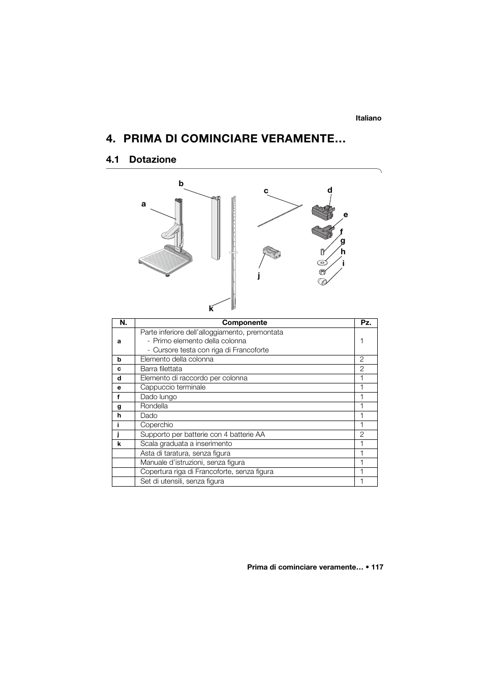 Prima di cominciare veramente, 1 dotazione | Seca 274 band_1 User Manual | Page 117 / 255