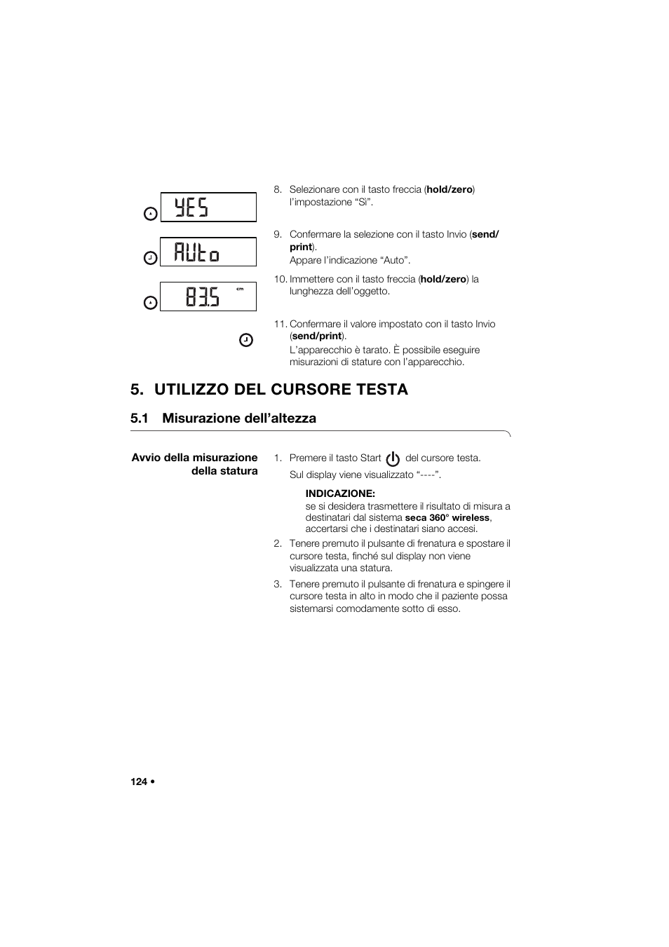 Utilizzo del cursore testa, 1 misurazione dell’altezza, Avvio della misurazione della statura | Seca 274 band_1 User Manual | Page 124 / 255