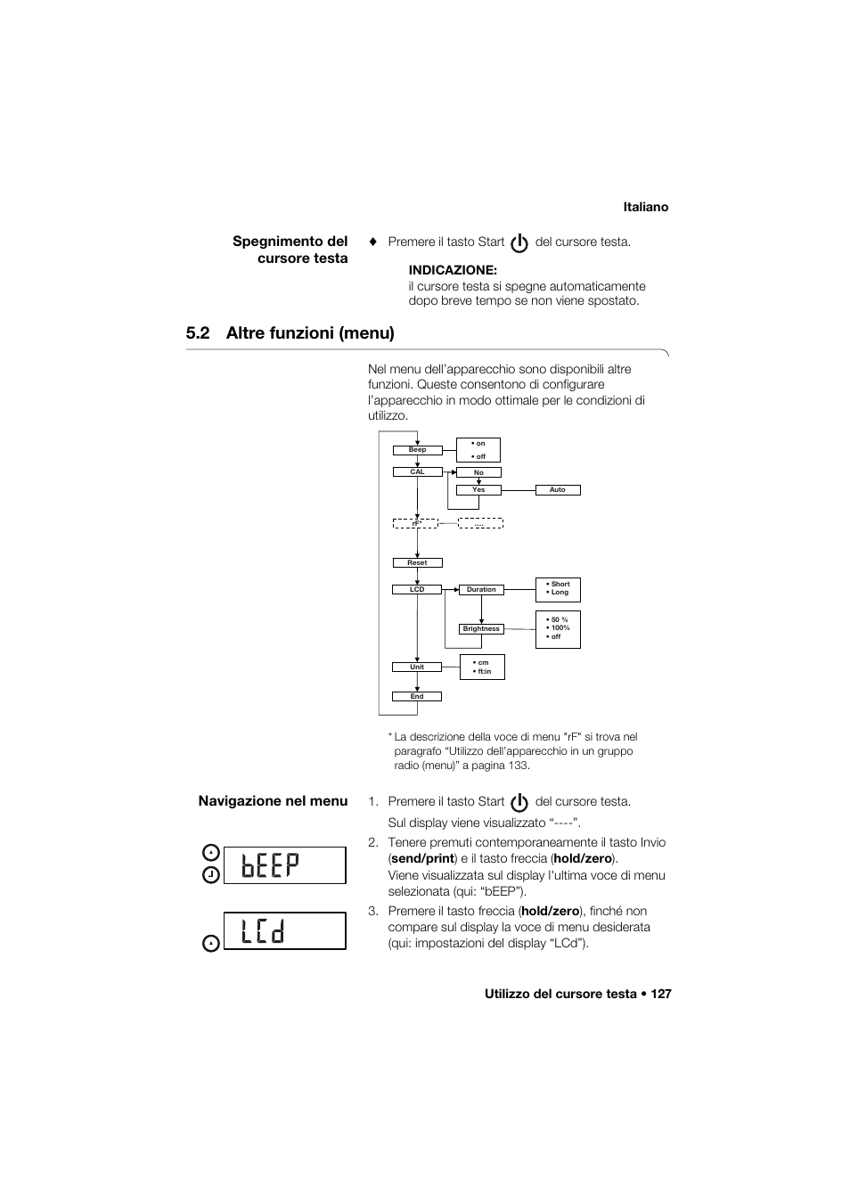 Spegnimento del cursore testa, 2 altre funzioni (menu), Navigazione nel menu | Utilizzo del cursore testa • 127 italiano | Seca 274 band_1 User Manual | Page 127 / 255