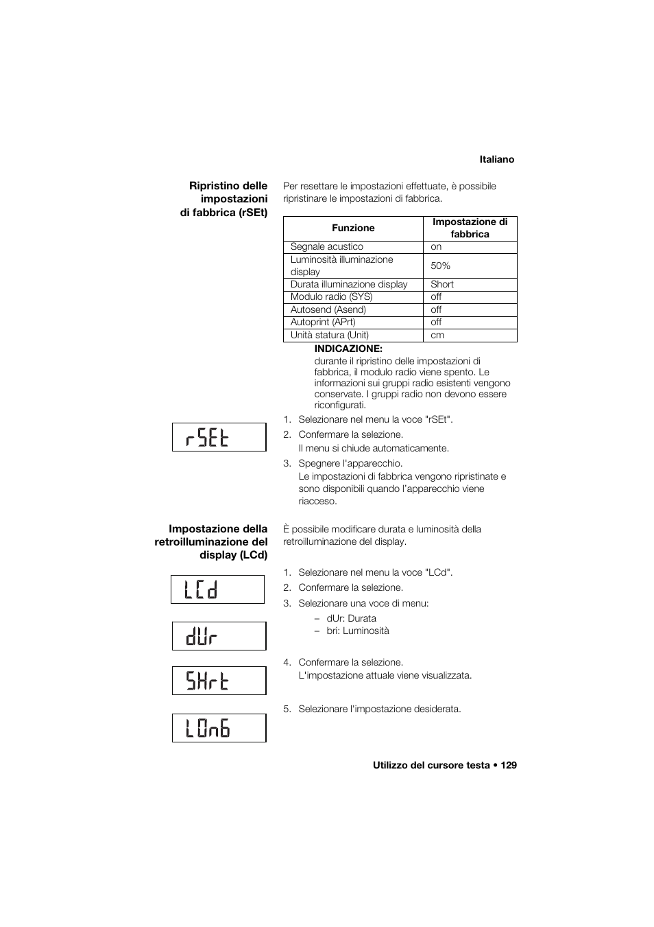 Ripristino delle impostazioni di fabbrica (rset) | Seca 274 band_1 User Manual | Page 129 / 255